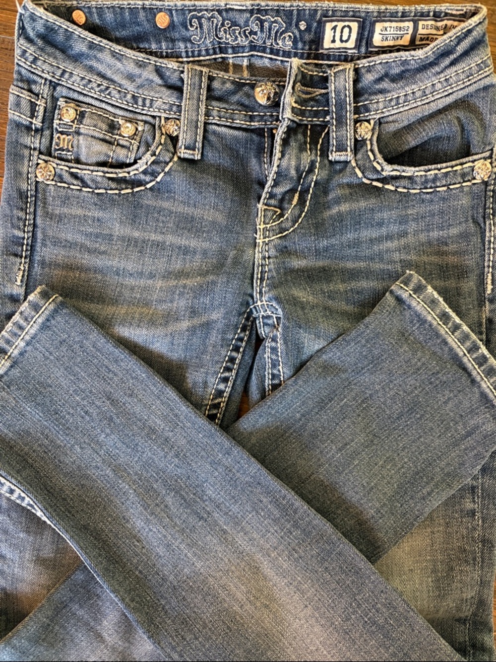 Girls Size 10, Miss Me Skinny Jeans in Medium Blue with Contrast Stitching